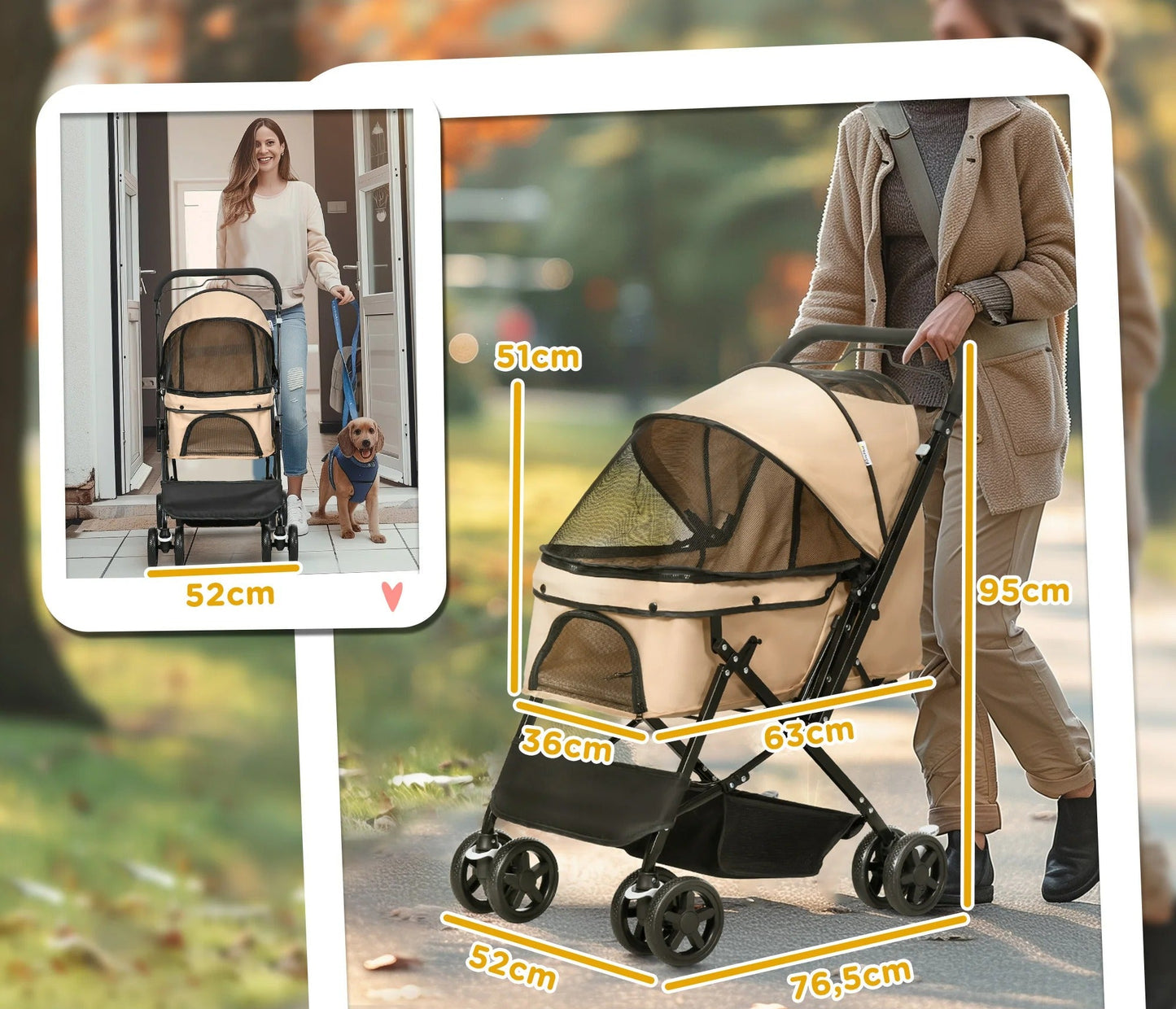 PuppyCruiser la poussette kaki avec les grandeurs