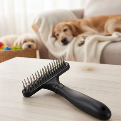 Anti-nœudsPro brosse pour chien noir sur une table avec un chien beige coucher sur un divan