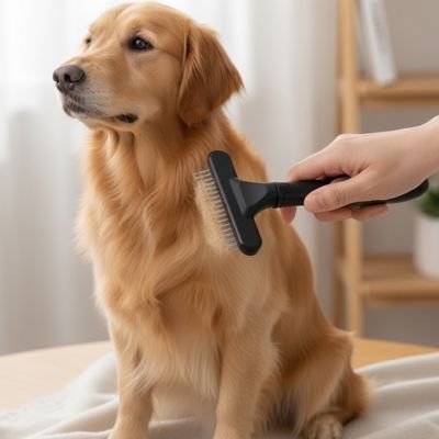Anti-nœudsPro une femme brosse un chien beige avec la brosse pour chien