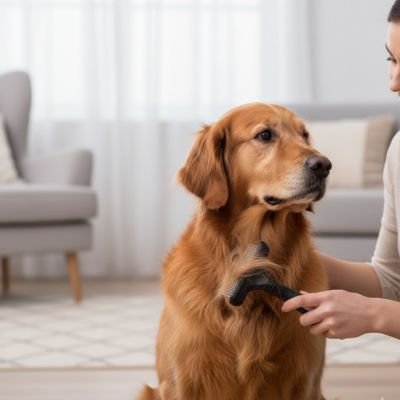 Anti-nœudsPro une femme brosse un chien brun avec la brosse pour chien