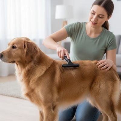 Anti-noeudsPro une femme brosse un chien caramel avec la brosse pour chien