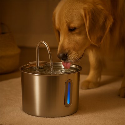 AquaCani un chien beige boit dans la fontaine a eau chien