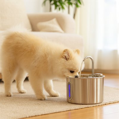 AquaCani un chien blanc boit dans la fontaine a eau chien