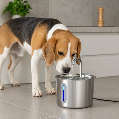 AquaCani un chien blanc brun et noir boit dans la fontaine a eau chien