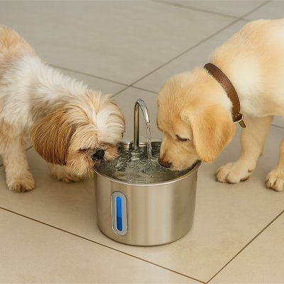 AquaCani un chien blanc et un chien beige boivent dans la fontaine a eau chien