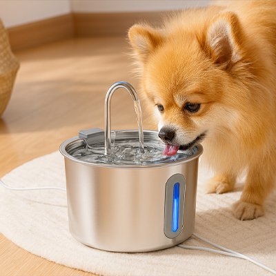 AquaCani un petit chien beige boit dans la fontaine a eau chien
