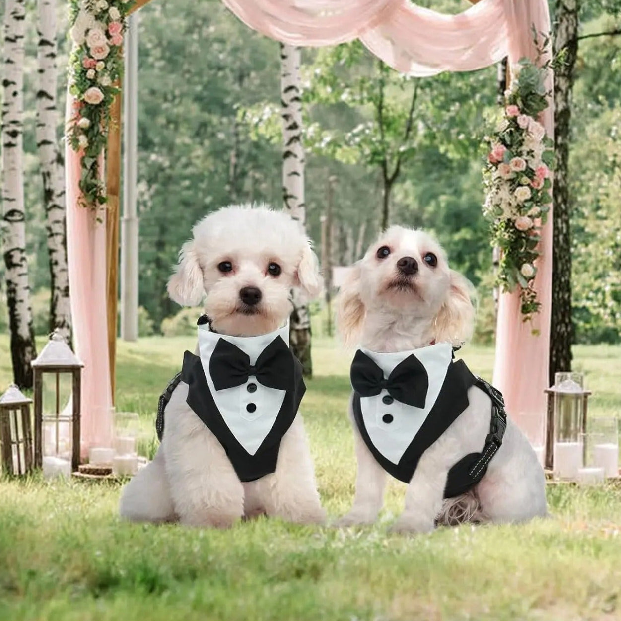 ChicDog harnais pour chien texedo porter par deux petits chiens blancs