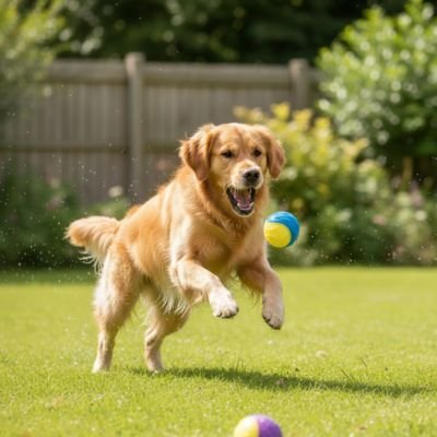 ColorBall un chien beige joue avec une balle pour chien bleu et jaune