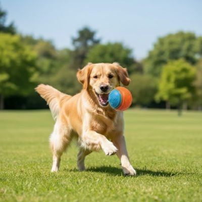 ColorBall un chien beige joue avec une balle pour chien bleu et orange