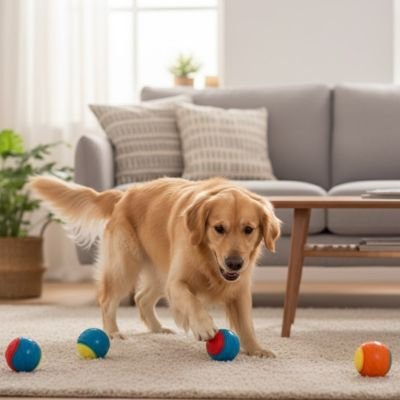 ColorBall un chien beige joue avec une balle pour chien bleu et rouge