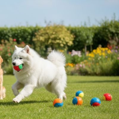 ColorBall un chien blanc joue avec une balle pour chien verte et rouge