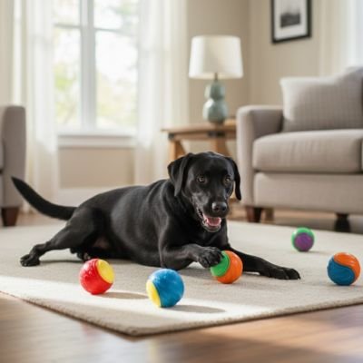 ColorBall un chien noir joue avec une balle pour chien verte et orange