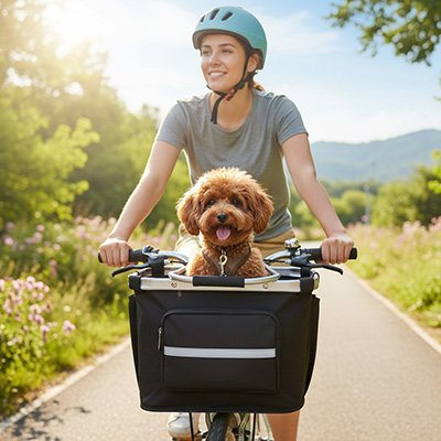 ComfortRide une femme transporte un chien brun dans un panier pour chien