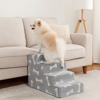 ComfortStep un petit chien blanc monte l'escalier pour chien quatre marches
