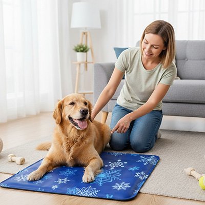 CoolComfort un chien beige coucher sur un tapis rafraichissant chien bleu avec flocon