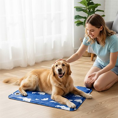 CoolComfort un chien beige coucher sur un tapis rafraichissant chien bleu avec ours polaire