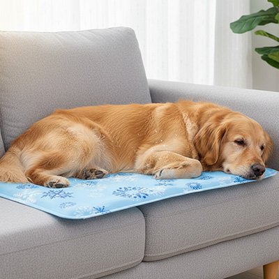 CoolComfort un chien beige coucher sur un tapis rafraichissant chien bleu pale avec flocon