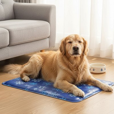 CoolComfort un chien beige dors sur un tapis rafraichissant chien bleu foncer avec flocon