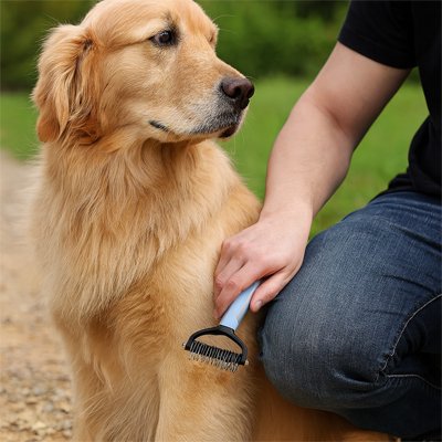 DémêlExpert un homme brosse son chien beige avec la brosse pour chien poil long bleu