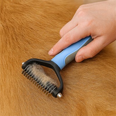 DemelExpert une femme brosse son chien beige avec la brosse pour chien poil long bleu