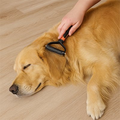 DemelExpert une femme brosse son chien beige avec la brosse pour chien poil long rose