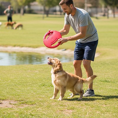 DogFly un homme joue avec le disque pour chien rouge
