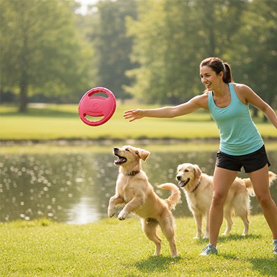 DogFly une femme joue avec le disque pour chien rouge