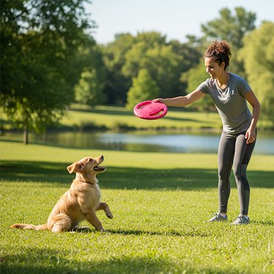 DogFly une femme joue avec son chien beige et le disque pour chien rouge