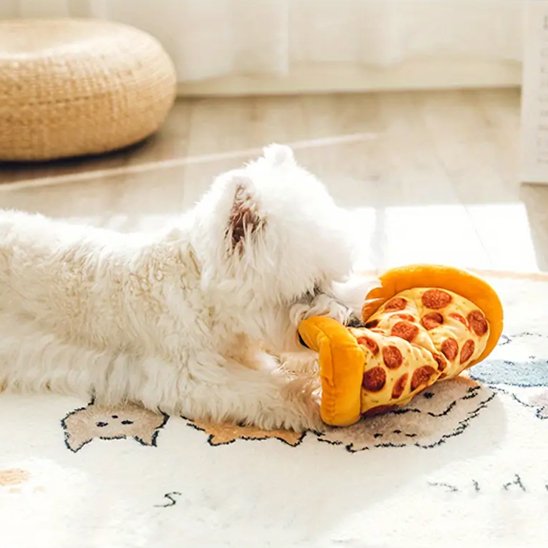 DogJoy un petit chien blanc joue avec un jouet chien coussin pizza
