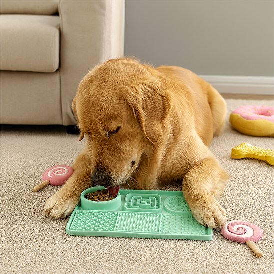 DogMat un chien beige leche un tapis de lechage vert avec nourriture