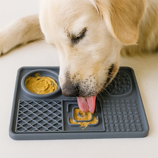 DogMat un chien blanc leche un tapis de lechage gris avec nourriture