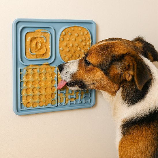 DogMat un chien tricolore leche un tapis de lechage bleu avec nourriture
