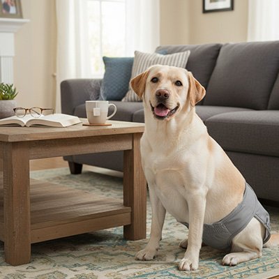 Dry&Go un chien beige qui porte une couche pour chien grise