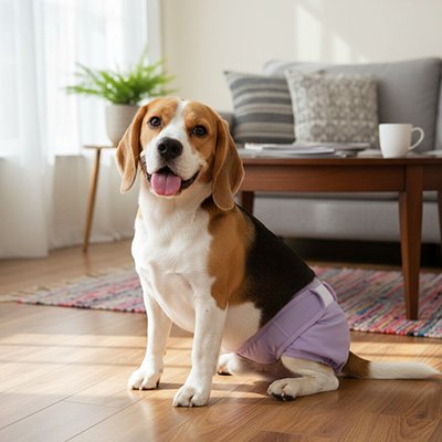 Dry&Go un chien blanc beige et noir qui porte une couche pour chien violette