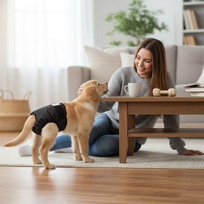 Dry&Go une femme flatte un chiot beige qui porte une couche pour chien noir