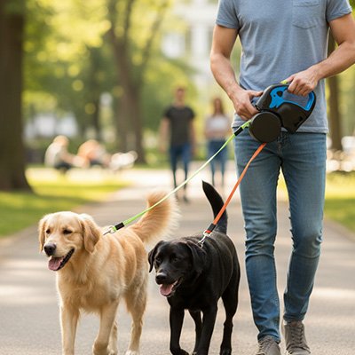DualStrap un homme promene un chien noir et un beige avec la laisse double pour chien bleu