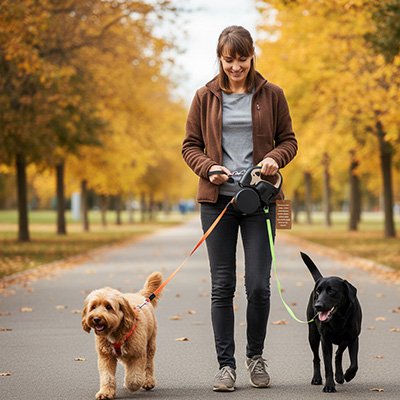 DualStrap une femme promene un chien noir et un brun avec la laisse double pour chien beige