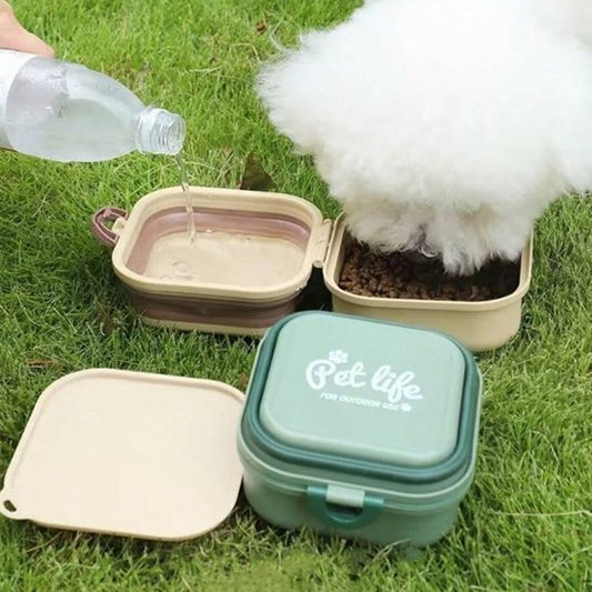 DuraPro un chien blanc mange dans la gamelle pour chien beige