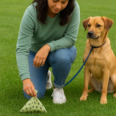 Écopooh sac a crotte une femme a genou tien un sac avec son chien beige a ses cote