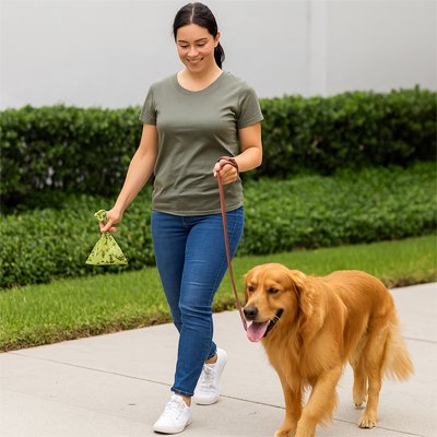 Ecopooh une femme tien un sac a crotte pendant la promenade avec son chien