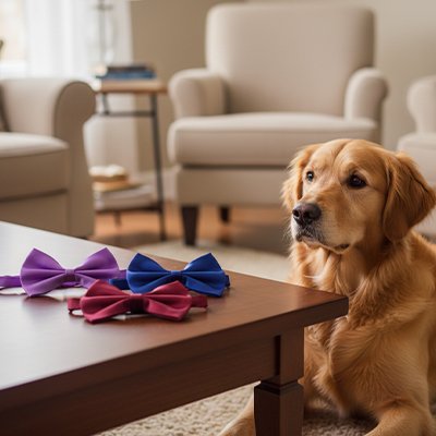 ElegantStyle trois noeuds papillons pour chien rouge bleu et violet sur une table