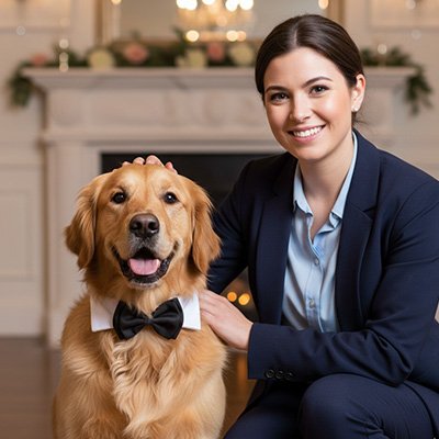 Gentleman nœud papillon chien noir porter par un chien beige a cote d'une femme