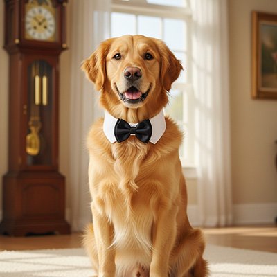 Gentleman noeud papillon chien noir porter par un chien beige