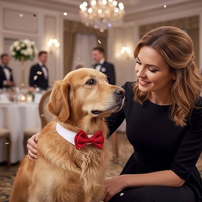 Gentleman noeud papillon chien rouge porter par un chien beige a cote d'une femme