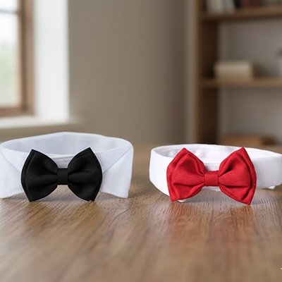 Gentleman noeud papillon chien un noir et un rouge depose sur une table