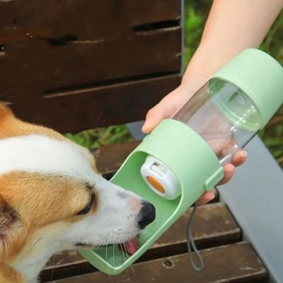 HydraDog un chien blanc et beige boit dans une gourde pour chien verte
