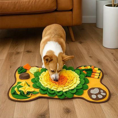 IntelliFouille chien blanc et beige qui mange des croquettes dans un tapis de fouille multicolore motif fleur au centre