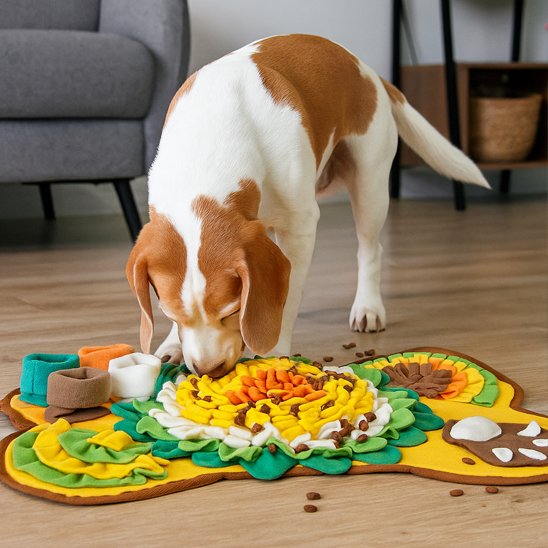 IntelliFouille chien blanc et brun qui mange des croquettes dans un tapis de fouille multicolore motif fleur au centre