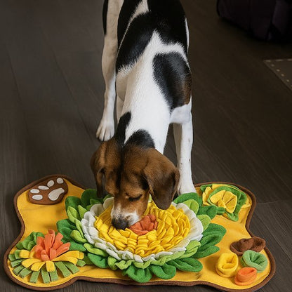 IntelliFouille chien blanc noir et brun qui mange des croquettes dans un tapis de fouille multicolore motif fleur au centre