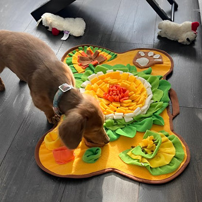 IntelliFouille chien brun qui mange des croquettes dans un tapis de fouille multicolore motif fleur au centre